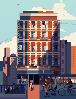 City building with pedestrians and bicyclists in warm sunlight