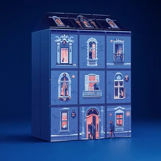 Blue dollhouse with lit windows and miniature figures inside