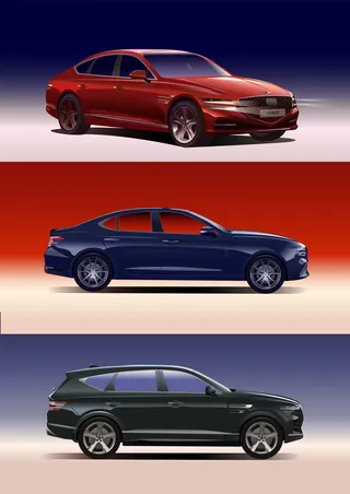 Red sedan, blue sedan, and black SUV on gradient backgrounds