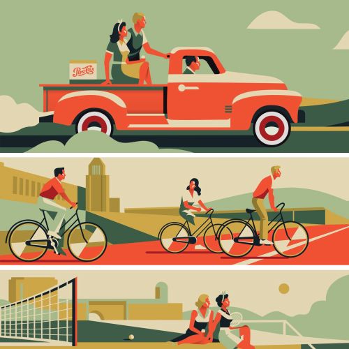 People picnicking, riding bikes, and playing volleyball in a park setting.
