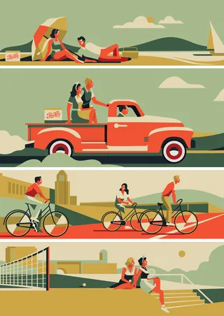 People picnicking, riding bikes, and playing volleyball in a park setting.