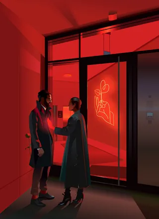 Two individuals conversing in red-lit hallway with neon plant artwork