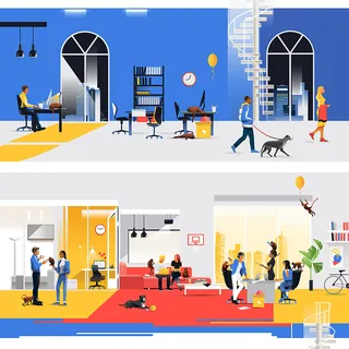 People working and socializing in a colorful modern office space.