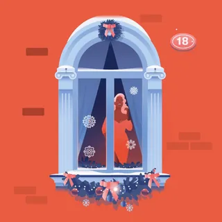 Woman in red dress looking out decorated holiday window