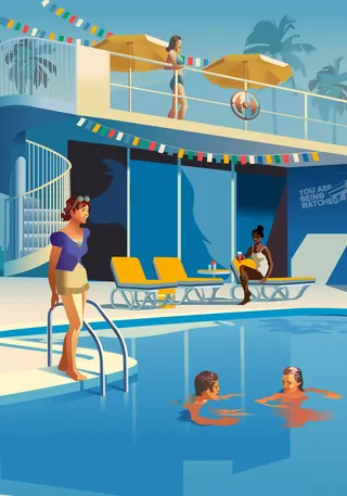People relaxing and swimming at a sunny poolside beach club