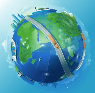 Globe with roads, ships, and trains representing global transportation