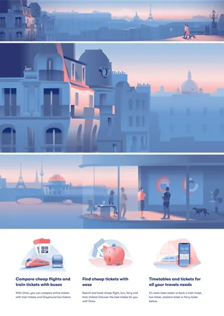 Cityscape at dawn with buildings and people waiting at bus stop