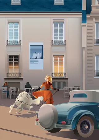 Woman in red dress running with white dog near classic blue car by tall building