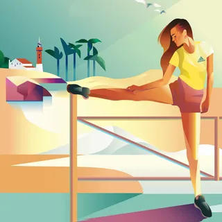 Woman stretching leg on railing near beach with palm trees and seagulls