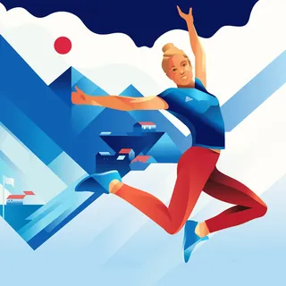 Woman jumping energetically with mountains and houses in the background