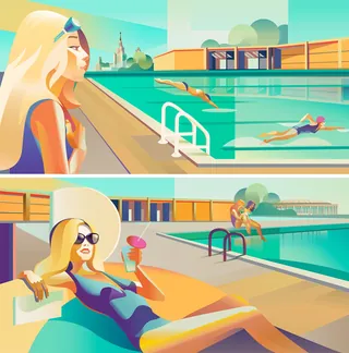 Woman sunbathing and swimmers in outdoor pool on a sunny day
