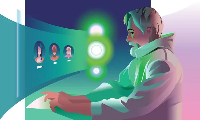 Man interacting with holographic communication screen