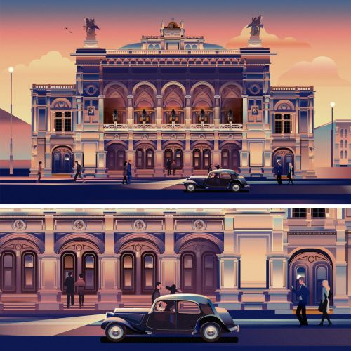 Historic theater facade with vintage cars and people walking at sunset