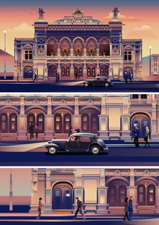 Historic theater facade with vintage cars and people walking at sunset