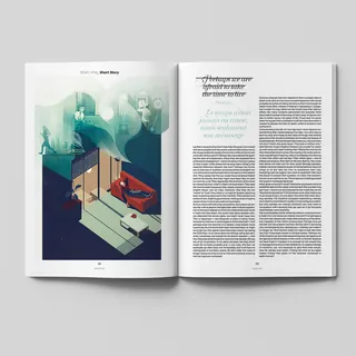 Open magazine with abstract art on left and text on right page