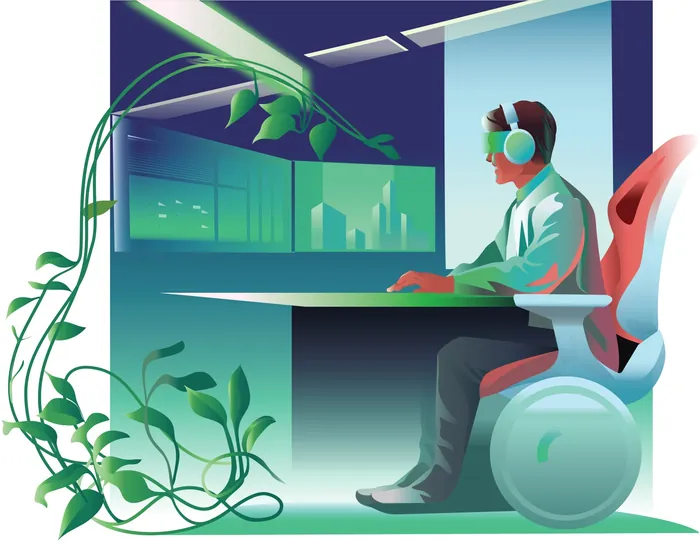 Person in wheelchair using laptop at desk with plants in office