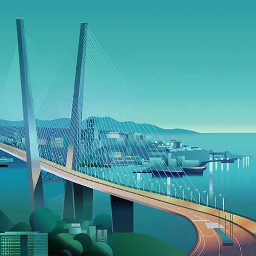 Cable-stayed bridge spanning water with city and mountains behind
