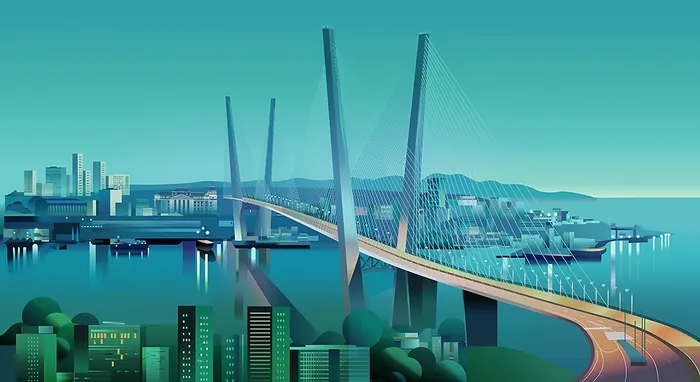 Cable-stayed bridge spanning water with city and mountains behind