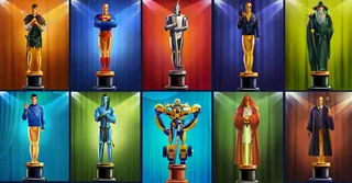 Ten vibrant character statues on individual pedestals with colorful backgrounds.