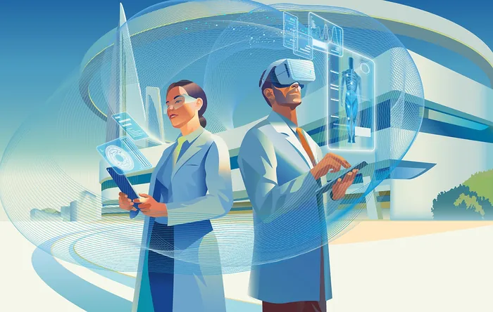 Scientists interacting with virtual reality and holographic displays outdoors.