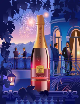 Sparkling rosato wine bottle with people celebrating on rooftop at night with fireworks