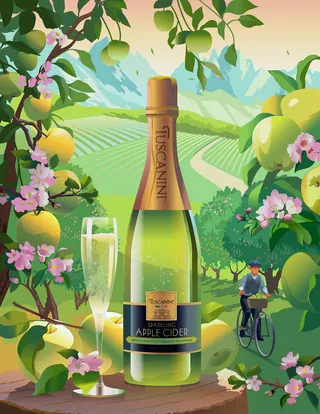 Sparkling apple cider bottle in orchard with flowers and cyclist