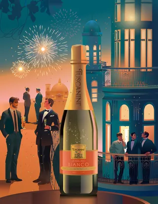 People in formal wear at evening party with fireworks and champagne bottle