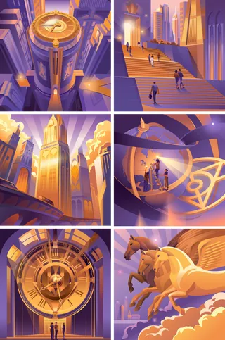 Dreamlike scenes with clocks, people in urban settings, and flying horses.