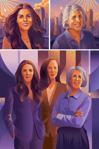 Portraits of four professional women with city backgrounds in a digital illustration.