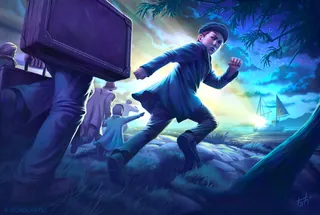 Boy running at night near water with suitcase and ship in background
