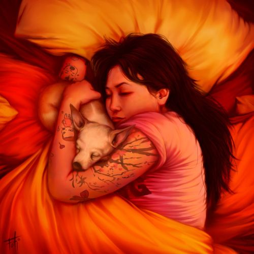 Woman with tattoos sleeping and hugging a small dog in warm bedding