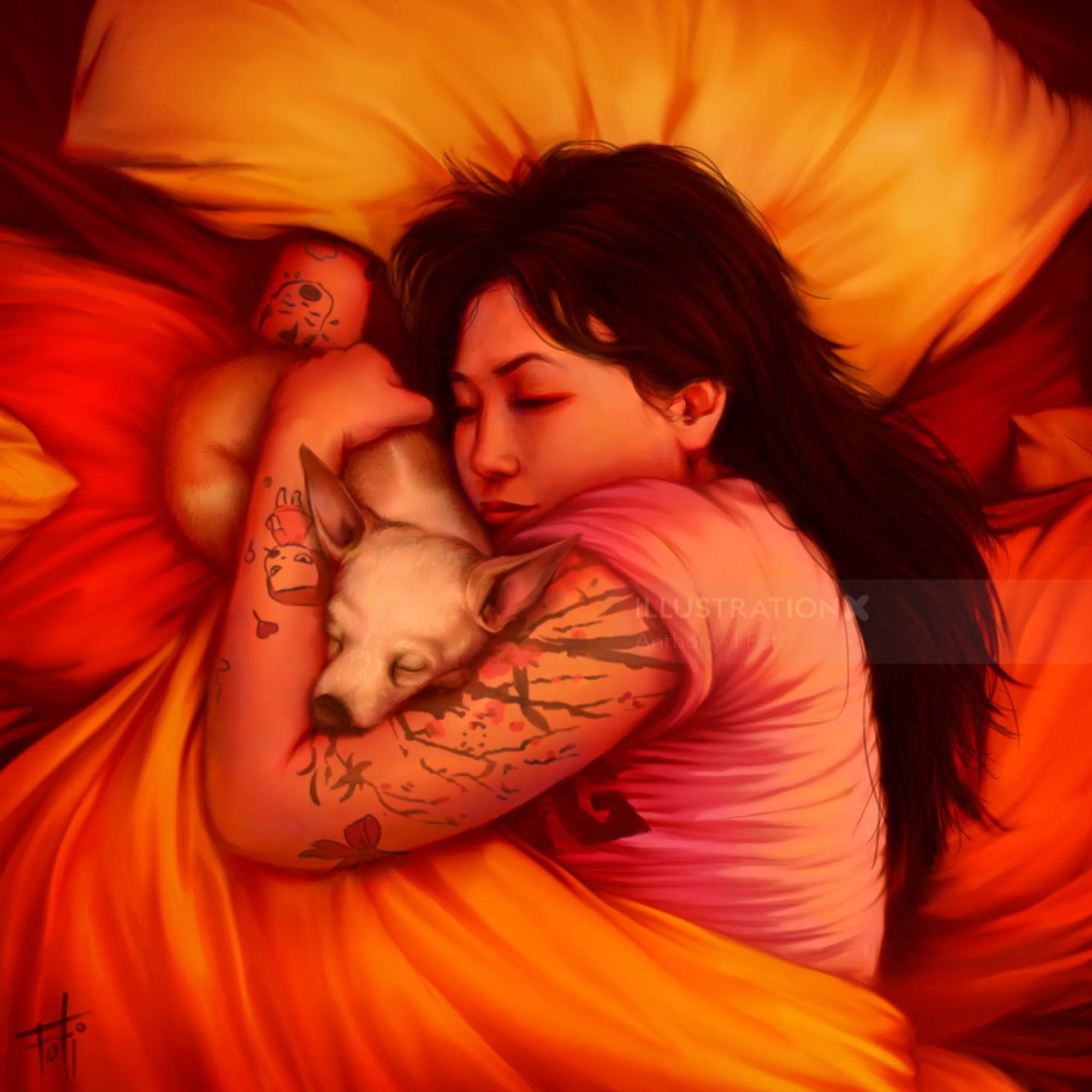 Woman with tattoos sleeping and hugging a small dog in warm bedding