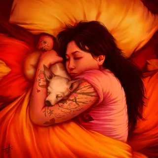Woman with tattoos sleeping and hugging a small dog in warm bedding