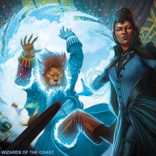 Woman casting magical spell with glowing blue creature and bottle