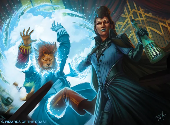 Woman casting magical spell with glowing blue creature and bottle