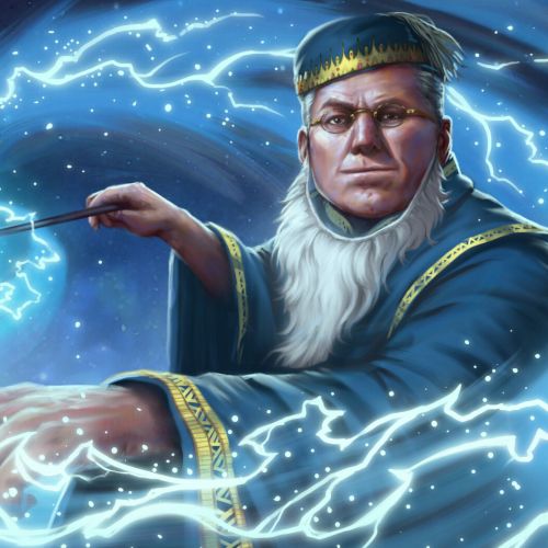 Wizard casting a glowing magical spell with swirling blue light