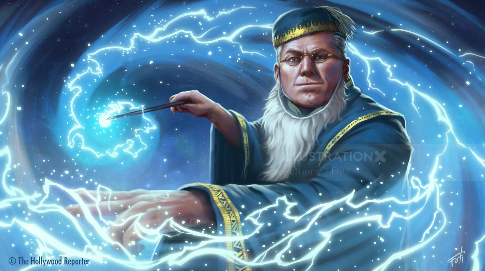 Wizard casting a glowing magical spell with swirling blue light