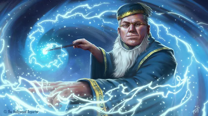 Wizard casting a glowing magical spell with swirling blue light