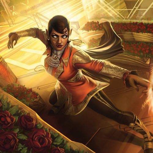 Female mage casting a fiery spell in an ornate arena