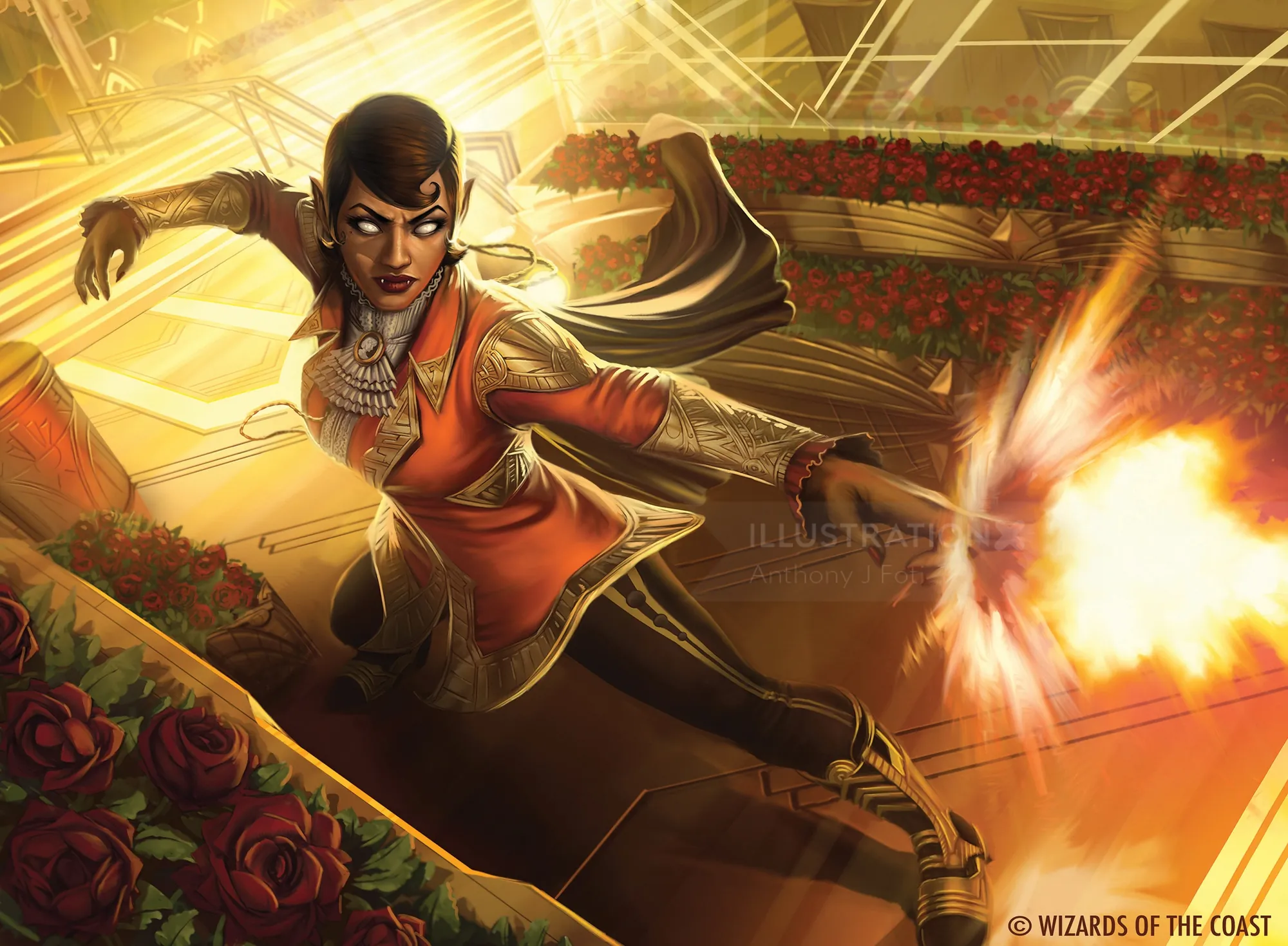 Female mage casting a fiery spell in an ornate arena