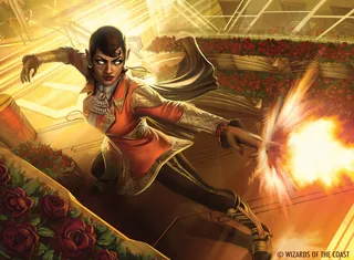Female mage casting a fiery spell in an ornate arena