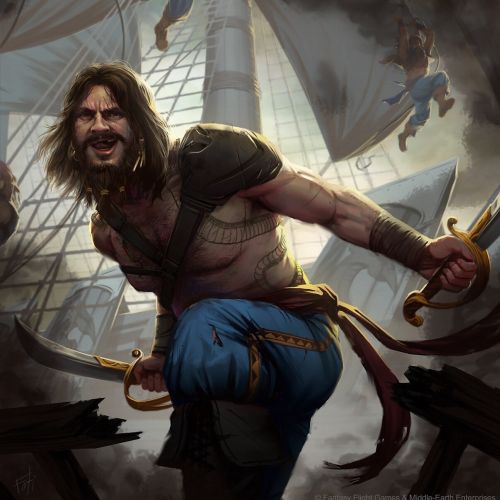 Fierce corsair wielding swords aboard a pirate ship during battle