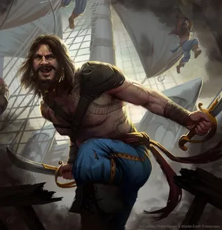Fierce corsair wielding swords aboard a pirate ship during battle