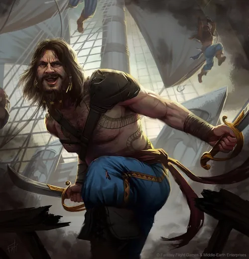 Fierce corsair wielding swords aboard a pirate ship during battle