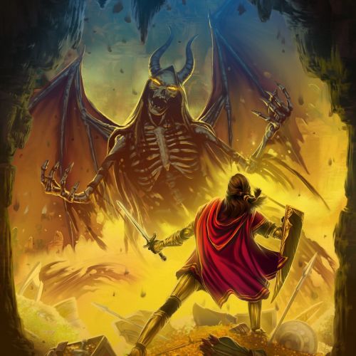 Warrior in red cape fighting a giant skeletal demon with horns