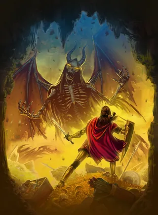 Warrior in red cape fighting a giant skeletal demon with horns