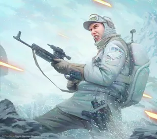 Hoth trooper in white armor firing blaster in snowy battlefield