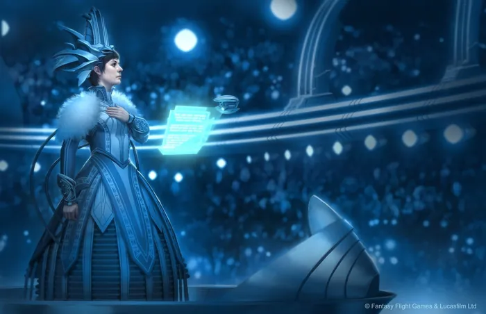 Regal woman in blue gown with feathered headpiece reading holographic scroll