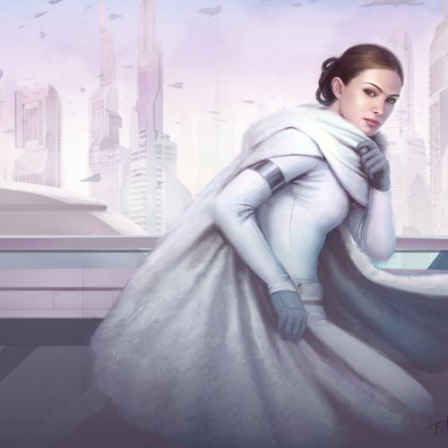 Woman in white cloak overlooking futuristic cityscape from balcony