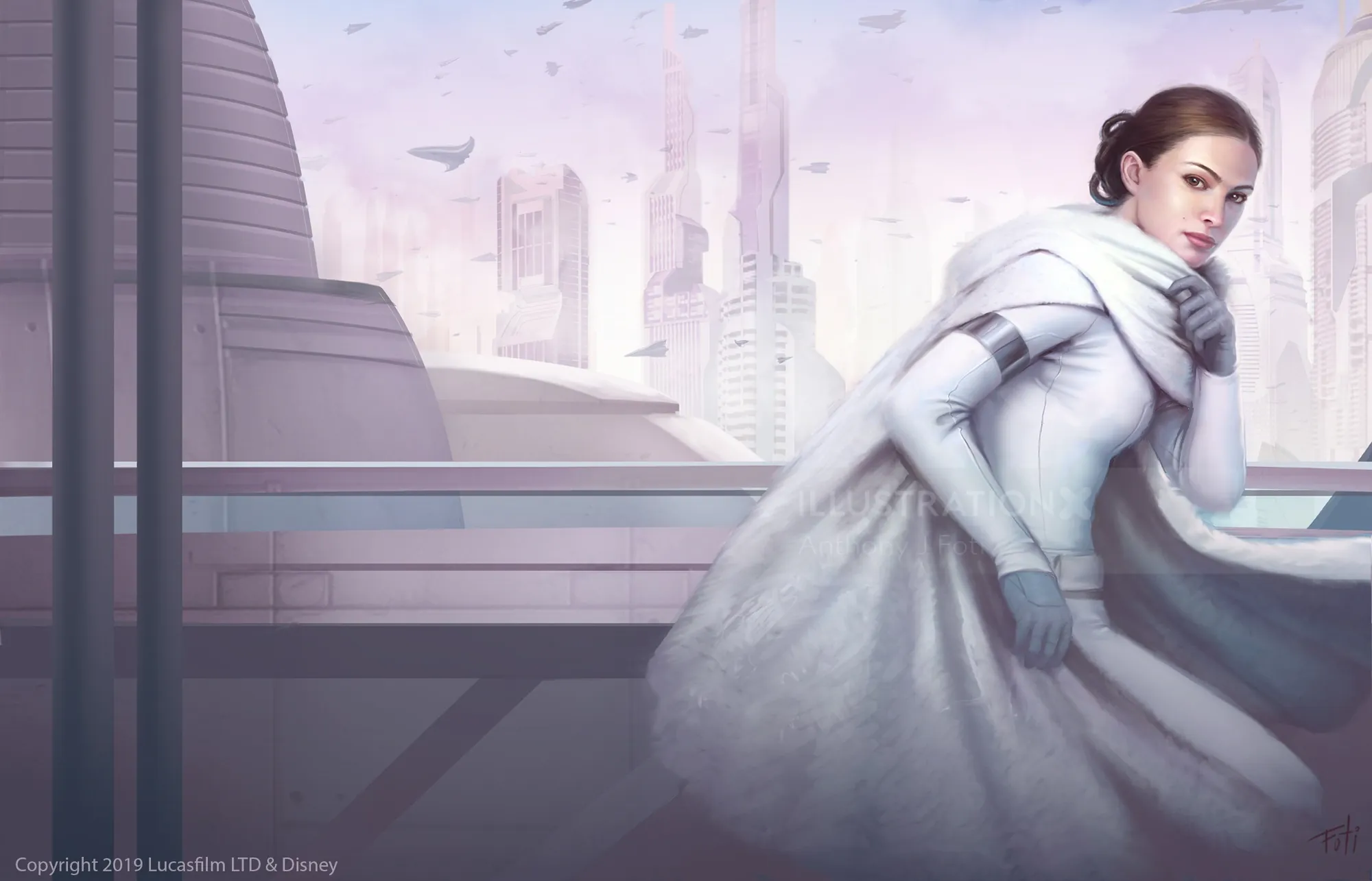 Woman in white cloak overlooking futuristic cityscape from balcony